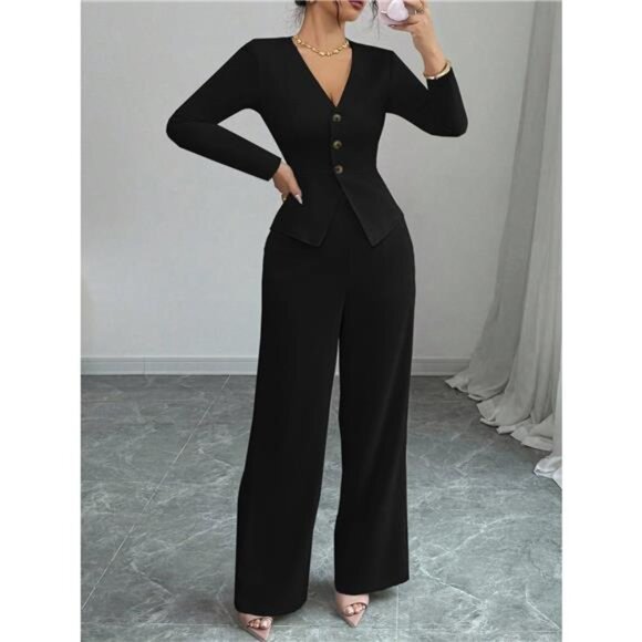 Button Up Long Sleeve Top and Pants Set - Picture 1 of 5